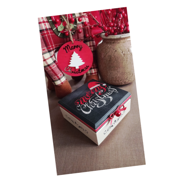 Χριστουγεννιάτικο κουτάκι mtf merry Christmas κόκκινο με μαύρο το14*14*7εκ. - ξύλο, διακοσμητικά, χριστουγεννιάτικα δώρα, άγιος βασίλης - 4