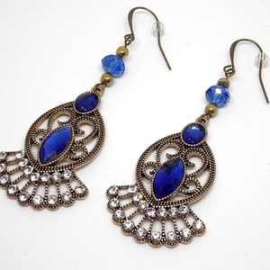 Vintage σκουλαρίκια με κρυσταλλάκια μπλε και λευκό - γυαλί, ορείχαλκος, boho, κρεμαστά, μεγάλα