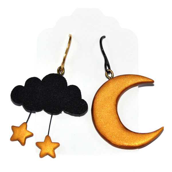 Κρεμαστά σκουλαρίκια χρυσό φεγγάρι μαύρο σύννεφο με αστέρια - φεγγάρι, πηλός, συννεφάκι, ατσάλι, κρεμαστά
