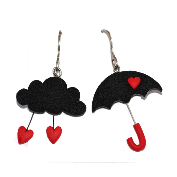 Μαύρα σκουλαρίκια ομπρέλα σύννεφο κόκκινες καρδούλες από πηλό - καρδιά, πηλός, κρεμαστά, γάντζος