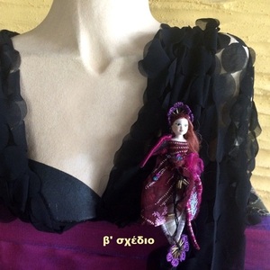 Καρφίτσα γυναικεία χειροποίητη "Κούκλα Μινιατούρα" - μετάξι, ύφασμα, πηλός, κουκλίτσα, μαμά - 5