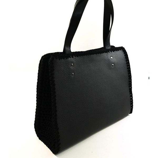 Urban Queen χειροποίητη δερμάτινη τσάντα "Aurora black" - δέρμα, ώμου, all day, tote, πλεκτές τσάντες