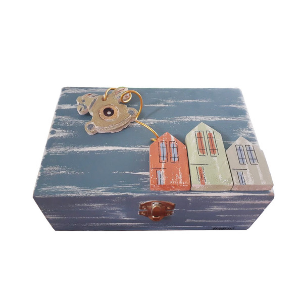 Κουτί αποθήκευσης ξύλινο χειροποίητο ζωγραφισμένο στο χέρι Σπίτια με κεραμικό άλογο 18x8x12 Ράφ Καπαδάκης - ζωγραφισμένα στο χέρι, δώρο, χειροποίητα, ξύλινα διακοσμητικά, κουτιά αποθήκευσης