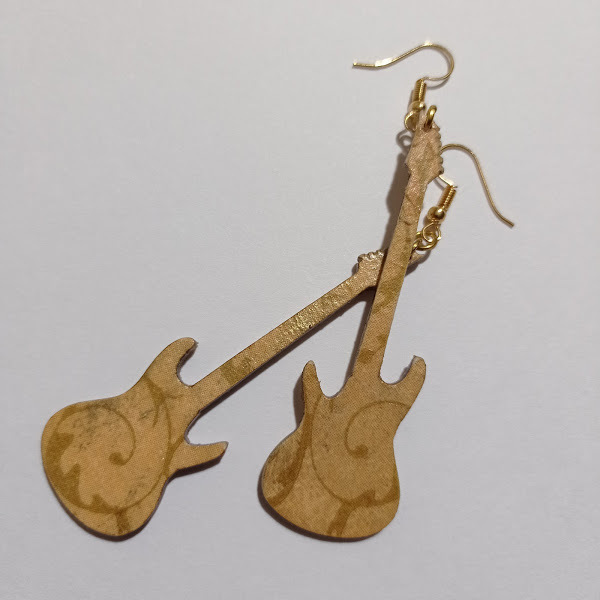 Σκουλαρίκια ξύλινα κιθάρες με ντεκουπάζ - ξύλο, μακριά, κρεμαστά, μεγάλα, faux bijoux - 3