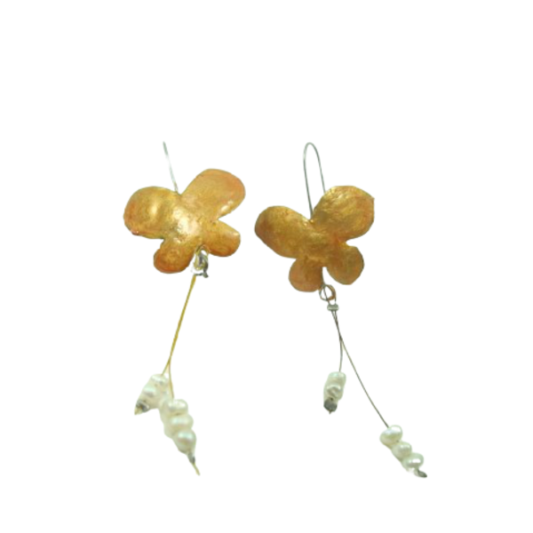 Σκουλαρίκια Πεταλούδες με μαργαριταράκια - ορείχαλκος, μικρά, κρεμαστά, φθηνά - 2