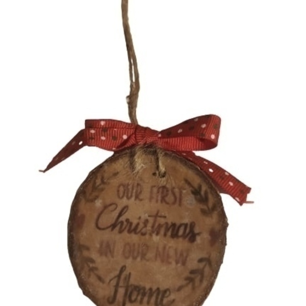 Χριστουγεννιάτικο στολίδι κορμός με decoupαge και χάραξη "Our first Christmas" - πρώτα Χριστούγεννα, στολίδια