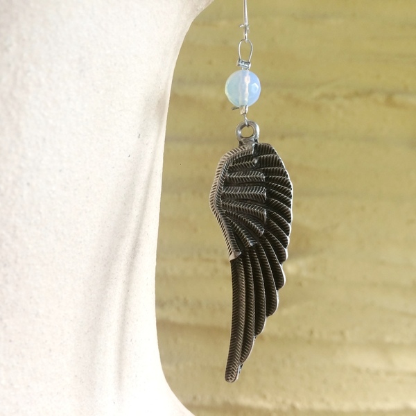 Κρεμαστά σκουλαρίκια "Angel Wings" με φεγγαρόπετρες - ασήμι, ημιπολύτιμες πέτρες, επάργυρα, μακριά, κρεμαστά - 3