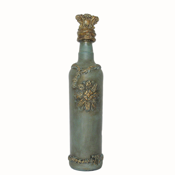 Γυάλινο διακοσμητικό μπουκάλι με αναγλυφα στοιχεια πηλου - γυαλί, σπίτι, πηλός, χειροποίητα, διακοσμητικά μπουκάλια