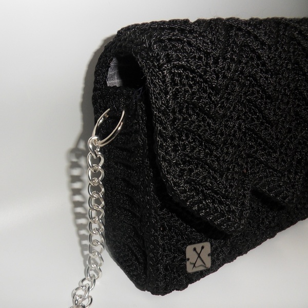 Πλεκτή elegant μαύρη τσάντα με κυματιστό σχέδιο - ύφασμα, φάκελοι, ώμου, πλεκτές τσάντες, βραδινές - 2