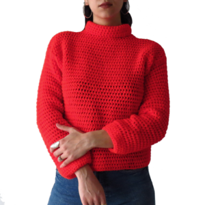 Πλεκτό χειροποίητο κόκκινο πουλόβερ με ζιβάγκο - ακρυλικό, μακρυμάνικες
