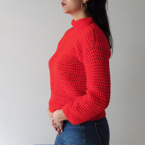 Πλεκτό χειροποίητο κόκκινο πουλόβερ με ζιβάγκο - ακρυλικό, μακρυμάνικες - 2