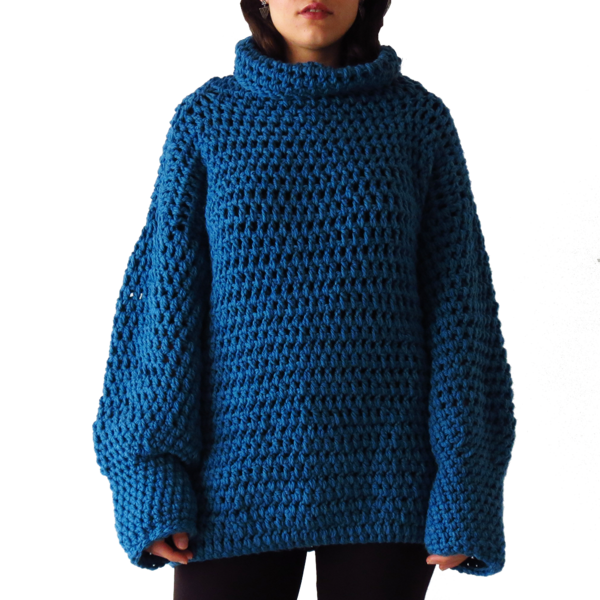 Πλεκτό χειροποίητο μακρύ πουλόβερ σε απόχρωση του μπλε - μαλλί, crop top, μακρυμάνικες