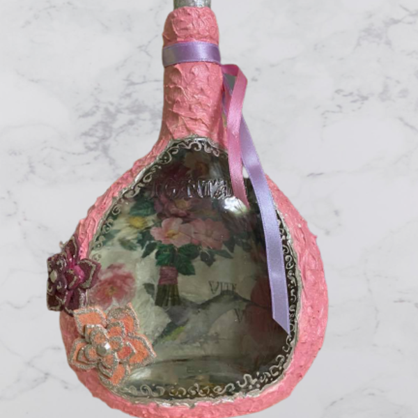 ρομαντικό διακοσμητικό μπουκάλι - ροζ, γυαλί, ντεκουπάζ, romantic, διακοσμητικά μπουκάλια