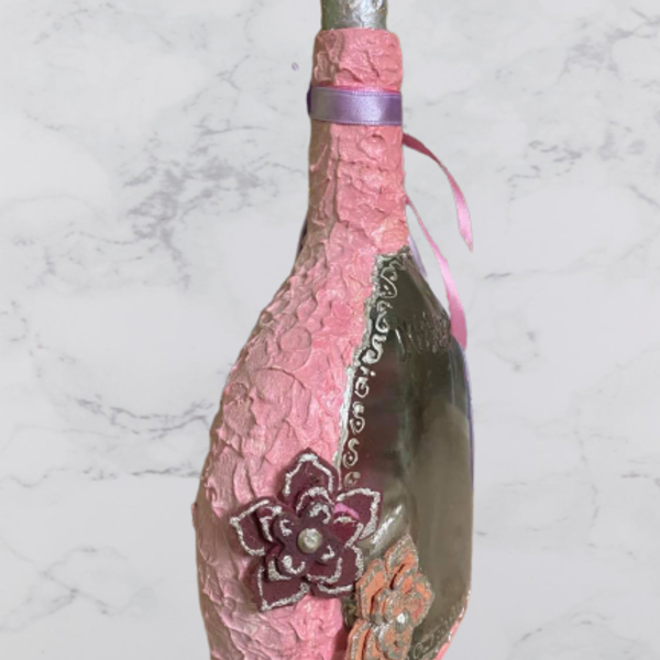 ρομαντικό διακοσμητικό μπουκάλι - ροζ, γυαλί, ντεκουπάζ, romantic, διακοσμητικά μπουκάλια - 2