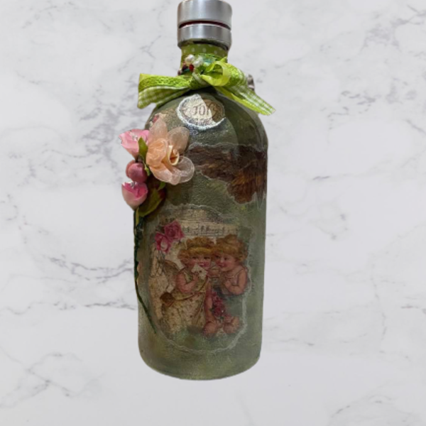 ρομαντικό πράσινο μπουκάλι - γυαλί, χαρτί, αγγελάκι, διακοσμητικά μπουκάλια