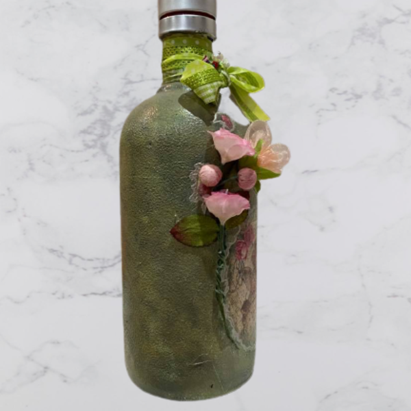 ρομαντικό πράσινο μπουκάλι - γυαλί, χαρτί, αγγελάκι, διακοσμητικά μπουκάλια - 2