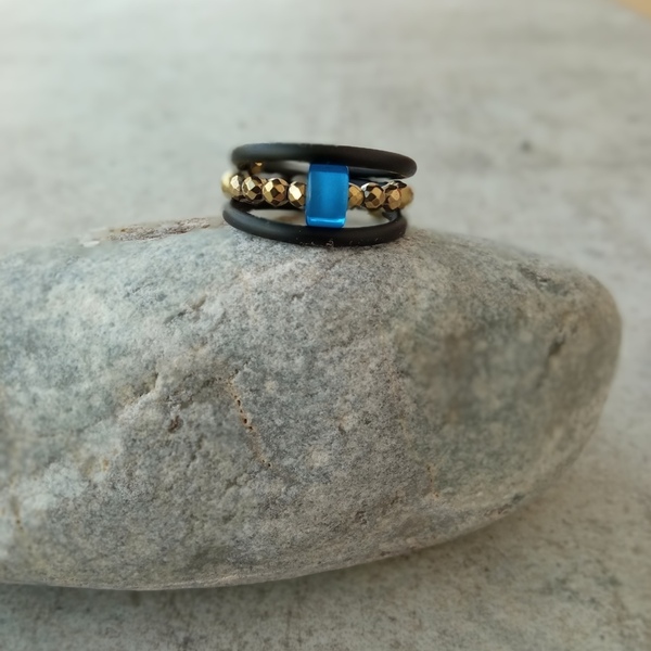 Δαχτυλίδι σπιράλ με μπλε χάντρα επίχρυσους αιματίτες - ημιπολύτιμες πέτρες, boho, μεγάλα, αυξομειούμενα, φθηνά - 3