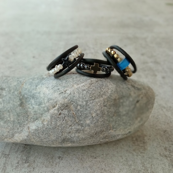 Δαχτυλίδι σπιράλ με μπλε χάντρα επίχρυσους αιματίτες - ημιπολύτιμες πέτρες, boho, μεγάλα, αυξομειούμενα, φθηνά - 5