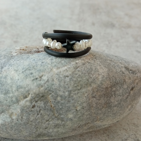 Δαχτυλίδι σπιράλ με αστέρι αιματίτη και μαργαριτάρια - ημιπολύτιμες πέτρες, boho, μεγάλα, αυξομειούμενα, φθηνά - 3