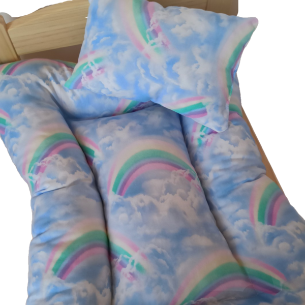 Ξύλινο κρεβατάκι με στρώμα για μικρά ζώα ουράνιο τόξο - μαξιλάρια