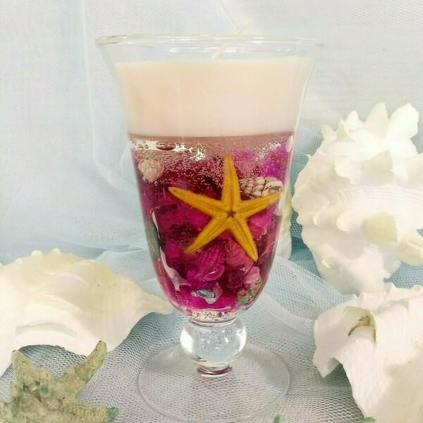 Αρωματικό κερί με ζελέ και κοχύλια σε γυάλινο βάζο. - κοχύλι, κερί, αρωματικά κεριά - 2