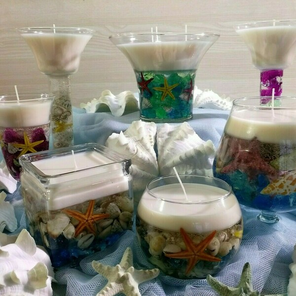 Αρωματικό κερί με ζελέ και κοχύλια σε γυάλινο βάζο - κοχύλι, αρωματικά κεριά, διακοσμητικά - 5