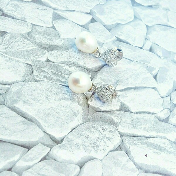 Σκουλαρίκια από ασήμι 925 με μοτιφ καρδια - ασήμι, μαργαριτάρι, μικρά, κρεμαστά