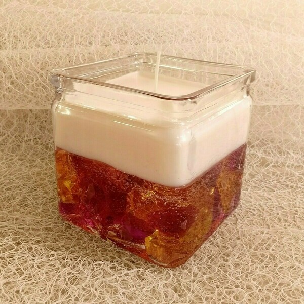 Αρωματικό κερί με ζελέ και κρυσταλλάκια σε γυάλινο κύβο. - δώρο, αρωματικά κεριά, διακοσμητικά - 3