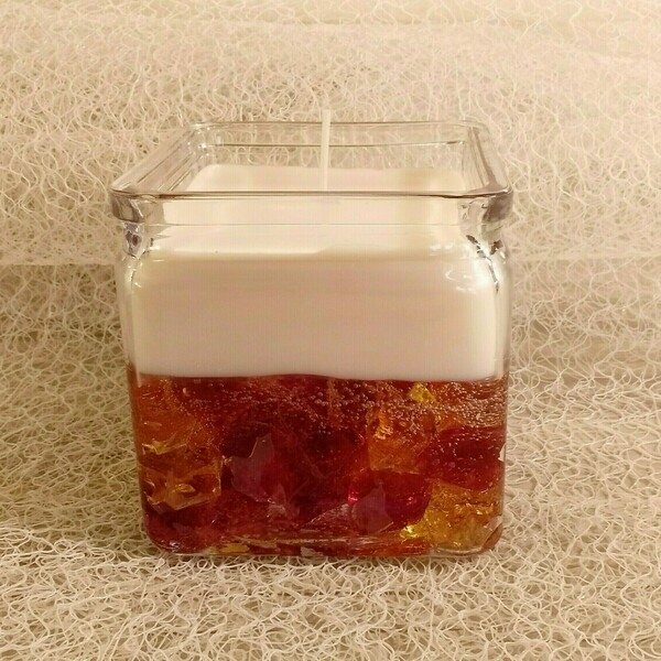 Αρωματικό κερί με ζελέ και κρυσταλλάκια σε γυάλινο κύβο. - δώρο, αρωματικά κεριά, διακοσμητικά - 4