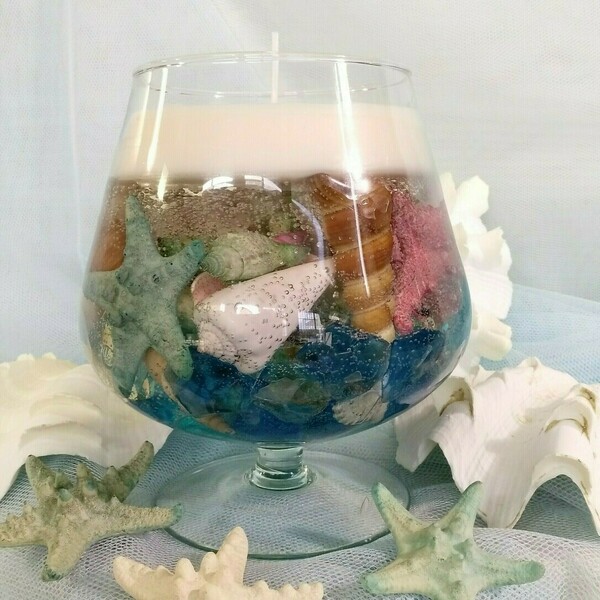 Αρωματικό κερί με ζελέ και κοχύλια σε γυάλινο ποτήρι κονιάκ. - δώρο, κοχύλι, ρεσώ & κηροπήγια, διακοσμητικά