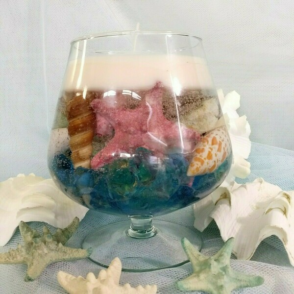 Αρωματικό κερί με ζελέ και κοχύλια σε γυάλινο ποτήρι κονιάκ. - δώρο, κοχύλι, ρεσώ & κηροπήγια, διακοσμητικά - 2