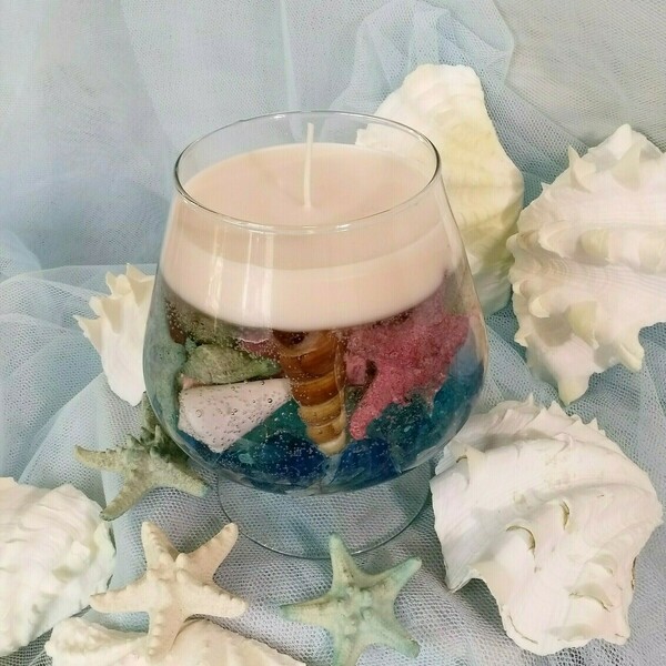Αρωματικό κερί με ζελέ και κοχύλια σε γυάλινο ποτήρι κονιάκ. - δώρο, κοχύλι, ρεσώ & κηροπήγια, διακοσμητικά - 4