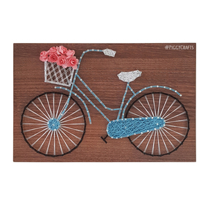 Κάδρο μελαμίνης με καρφιά & κλωστές "Ποδήλατο" (walnut) 30x20cm - vintage, λουλούδια, διακοσμητικά