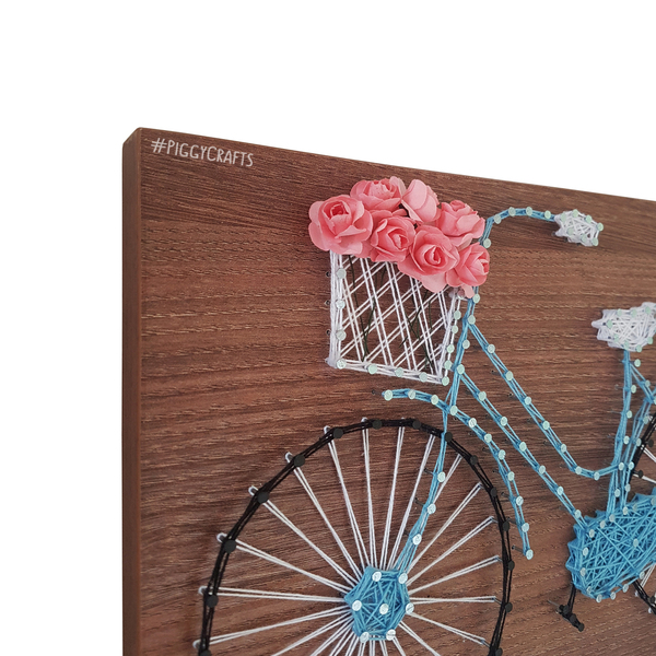 Κάδρο μελαμίνης με καρφιά & κλωστές "Ποδήλατο" (walnut) 30x20cm - vintage, λουλούδια, διακοσμητικά - 5
