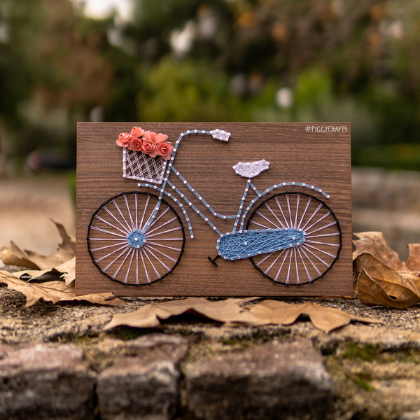Κάδρο μελαμίνης με καρφιά & κλωστές "Ποδήλατο" (walnut) 30x20cm - vintage, λουλούδια, διακοσμητικά - 2