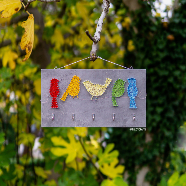 Κλειδοθήκη μελαμίνης με καρφιά & κλωστές "Colorful Birds" 35x20cm - πουλάκια, κλειδί, κλειδοθήκες - 3