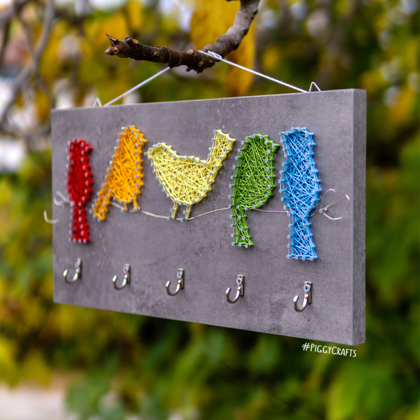 Κλειδοθήκη μελαμίνης με καρφιά & κλωστές "Colorful Birds" 35x20cm - πουλάκια, κλειδί, κλειδοθήκες - 2