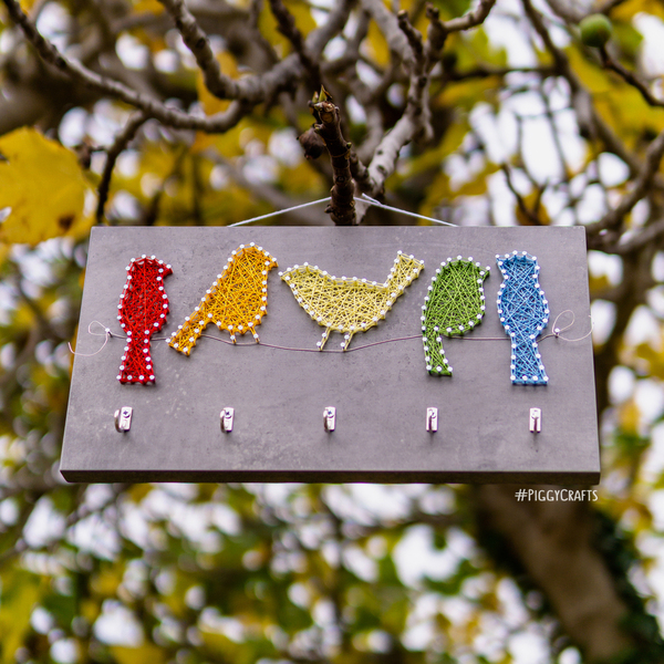 Κλειδοθήκη μελαμίνης με καρφιά & κλωστές "Colorful Birds" 35x20cm - πουλάκια, κλειδί, κλειδοθήκες - 4