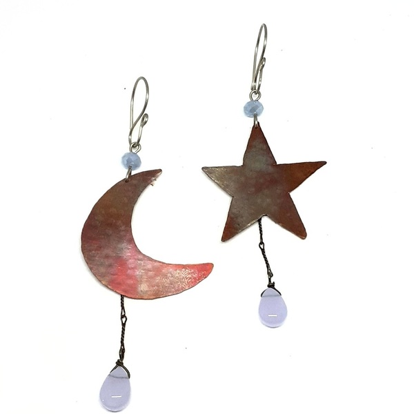 Σκουλαρίκια φεγγάρι αστέρι από χαλκό με γαλάζια φεγγαροπετρα - ημιπολύτιμες πέτρες, χαλκός, κρεμαστά