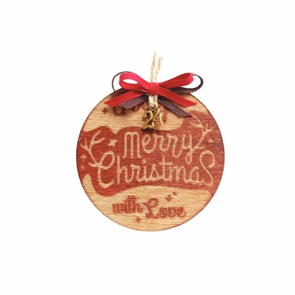 Ξύλινο μαγνητικό Γούρι 2024 merry christmas φυσικό ξύλο σε αποχρώσεις του καφέ 7εκ. διάμετρος - ξύλο, merry christmas, χριστουγεννιάτικα δώρα, γούρια