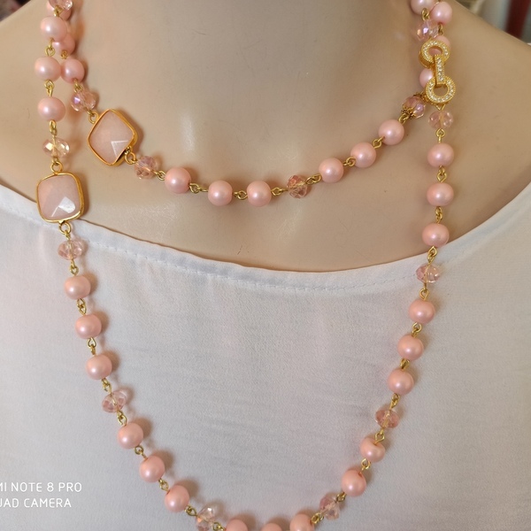 Ροζ πέρλες με κρύσταλλα και ροζ χαλαζία - ημιπολύτιμες πέτρες, επάργυρα, μακριά, ροζάριο - 2