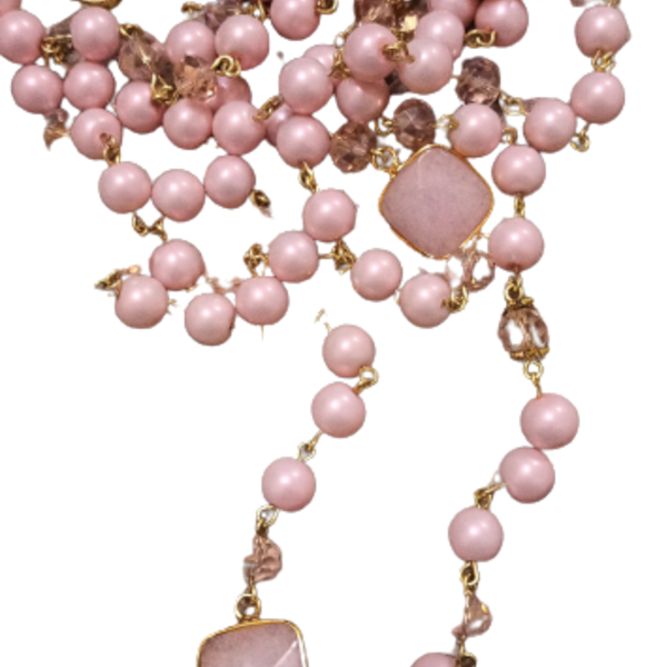Ροζ πέρλες με κρύσταλλα και ροζ χαλαζία - ημιπολύτιμες πέτρες, επάργυρα, μακριά, ροζάριο