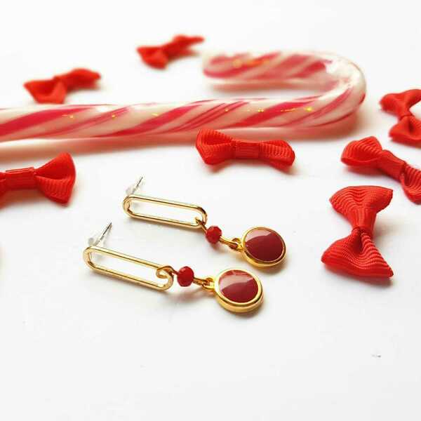 "Red Fire Earrings" - Σκουλαρίκια με μπορντώ μεταλλικά στοιχεία - επιχρυσωμένα, γεωμετρικά σχέδια, μικρά, κρεμαστά - 4