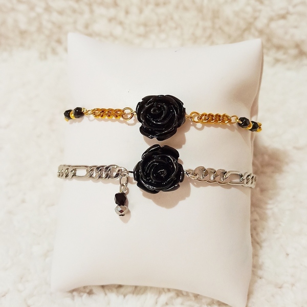 Βραχιόλι με μαύρο τριαντάφυλλο - αλυσίδες, λουλούδι, ατσάλι
