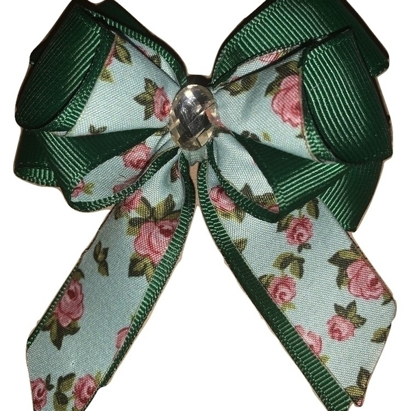 Green bow with flowers - κορίτσι, μαλλιά, για τα μαλλιά, αξεσουάρ μαλλιών