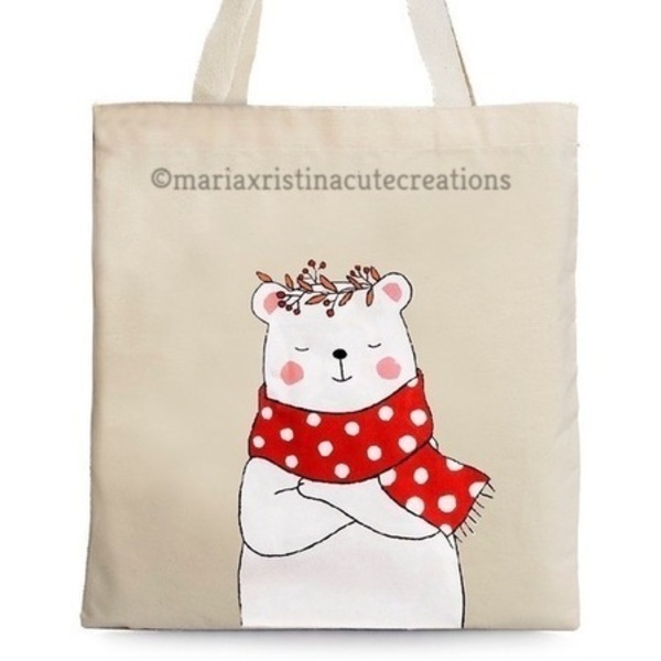 Πάνινη τσάντα Ζωγραφισμένη στο χέρι ♥ Λευκή Αρκούδα - ύφασμα, ώμου, μεγάλες, all day, χειμώνας, tote, πάνινες τσάντες, φθηνές
