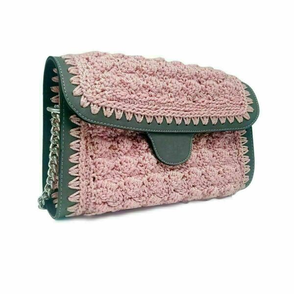 Πλεκτή τσάντα με eco leather frame - ροζ/γκρι - ώμου, all day, πλεκτές τσάντες
