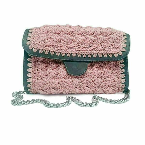 Πλεκτή τσάντα με eco leather frame - ροζ/γκρι - ώμου, all day, πλεκτές τσάντες - 3