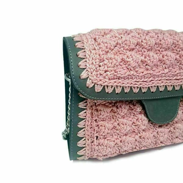 Πλεκτή τσάντα με eco leather frame - ροζ/γκρι - ώμου, all day, πλεκτές τσάντες - 4