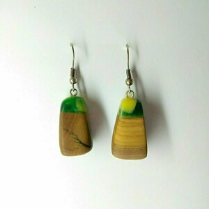 σκουλαρίκια πράσινο κίτρινο από ξύλο ελιάς και υγρό γυαλί - ξύλο, γυαλί, ορείχαλκος, κρεμαστά - 2